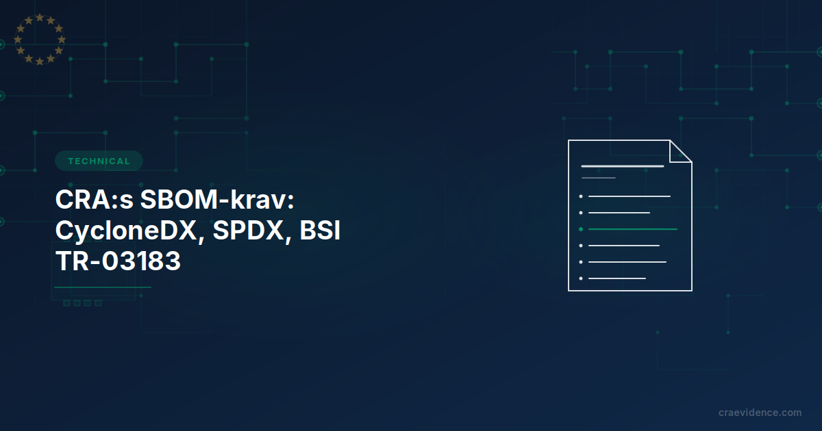 CRA:s SBOM-krav: CycloneDX, SPDX, BSI TR-03183 — förhandsvisningskort på marinblå bakgrund med EU-stjärnor och kretskortsmoiv