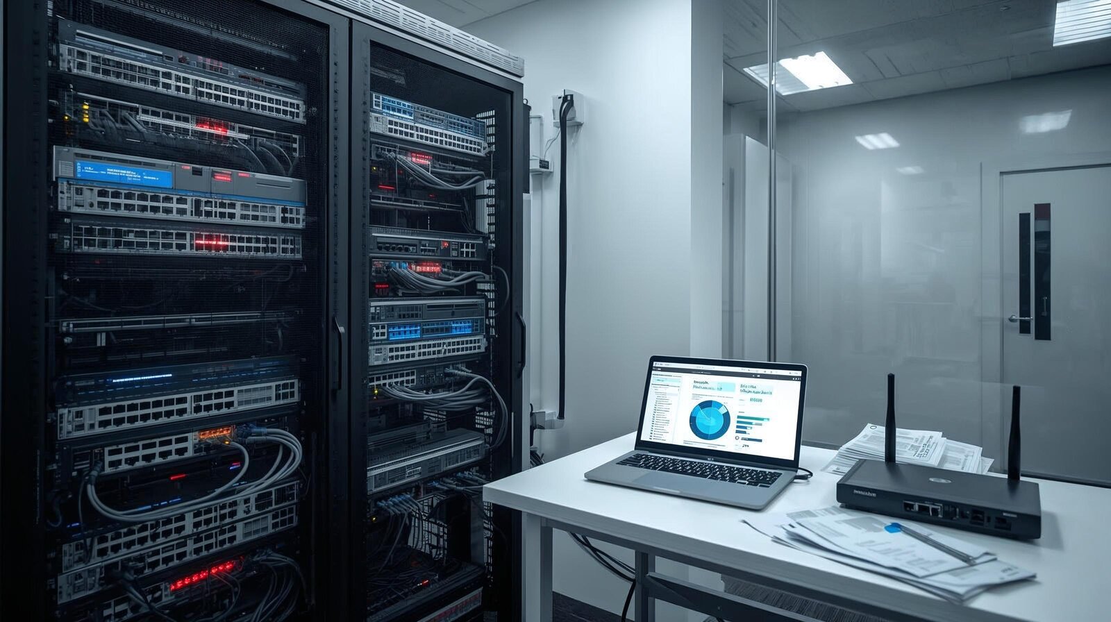 台灣網通設備廠商測試區中的工程師檢視網路交換器與漏洞掃描報告