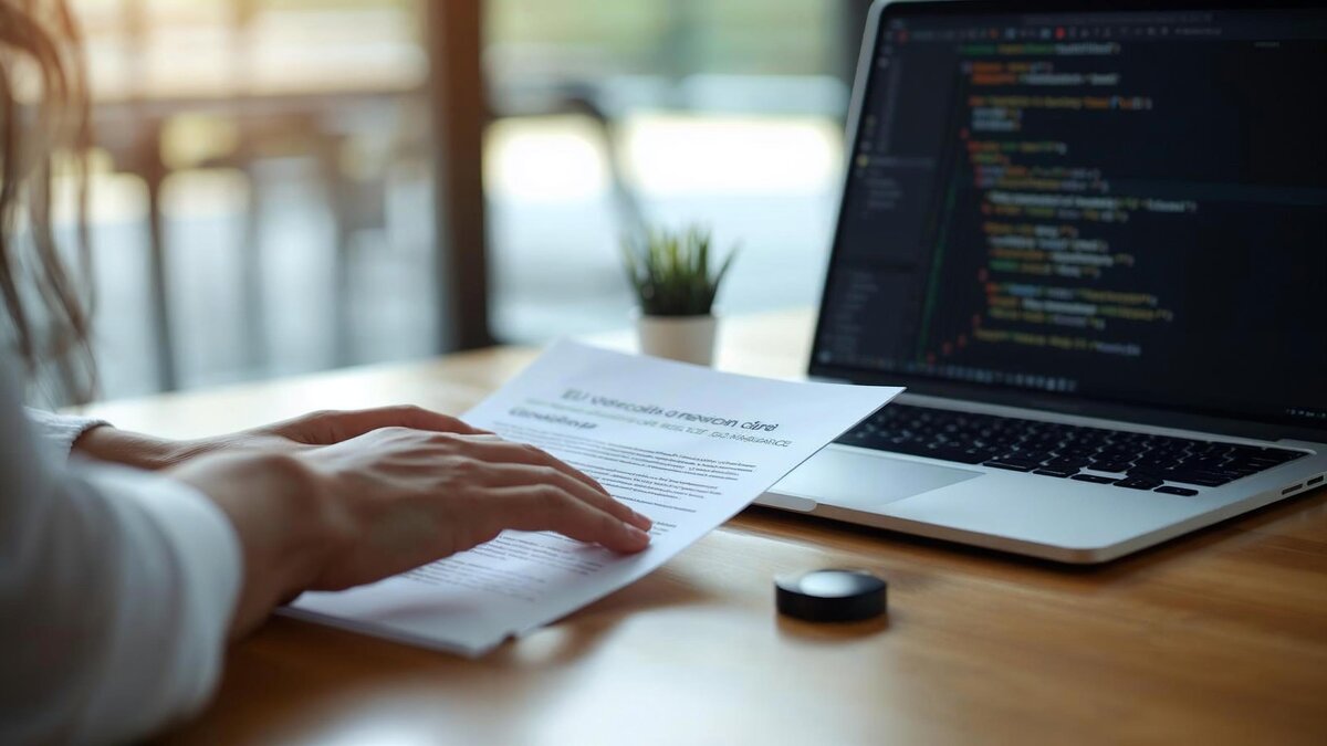 CE uyumluluk belgesi ve siber güvenlik teknik dosyasını gösteren masa üstü çalışma ortamı, AB ihracatına hazırlanan Türk üretici için