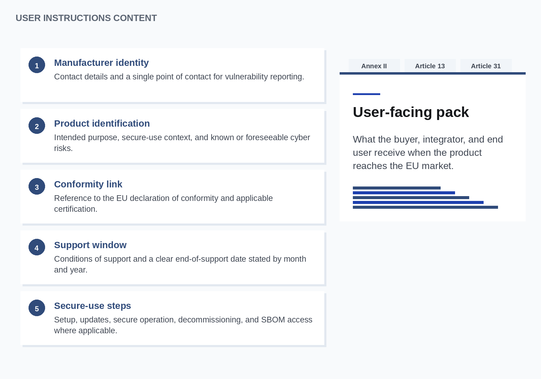 User instruction content areas covering manufacturer identity, product identification, conformity, support, and secure use.